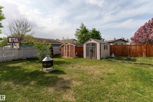 Expansive grassy backyard featuring a composite storage shed, a wood storage shed, a fire pit on a paver base, and a basketball hoop - 4620 37A Avenue, Edmonton, AB - Outdoor With Backyard