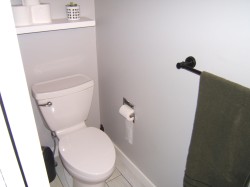White toilet with chrome lever, light gray walls, white baseboards, and wood-finish flooring - 