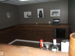 Built-in bar featuring wood-finish cabinetry, a matching wood-finish countertop, and an integrated compact refrigerator - 