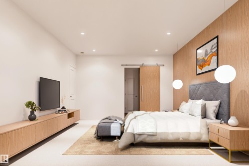 Recessed lighting, wood-finish accent wall, wood-finish barn door, wood-finish media console, upholstered headboard - 9134 104 Street, Morinville, AB 