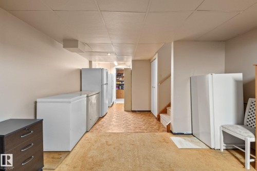 Lower level featuring carpeted and patterned vinyl flooring, painted walls, and a drop ceiling - 18126 98 Avenue, Edmonton, AB 