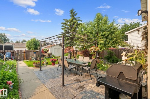 Paved patio area featuring a metal gazebo frame, concrete walkways, a storage shed, and mature perimeter trees - 18126 98 Avenue, Edmonton, AB 