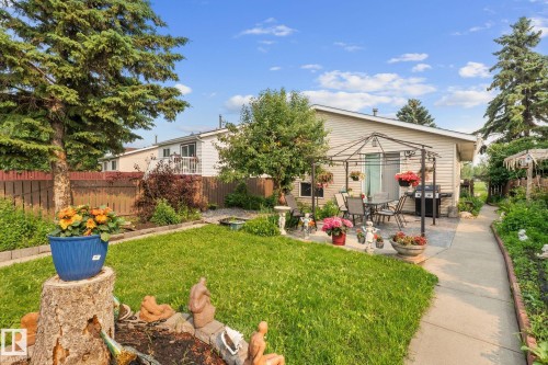 Expansive backyard featuring a lush lawn, mature trees, and a paved patio area - 18126 98 Avenue, Edmonton, AB 