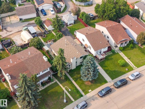 Residential streetscape featuring multiple properties with pitched roofs, green lawns, and mature trees - 18126 98 Avenue, Edmonton, AB 