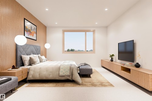 Wood-panel accent wall, recessed lighting, window with light-toned frame, integrated wood-finish media console, and built-in bedside tables - 9138 104 Street, Morinville, AB 