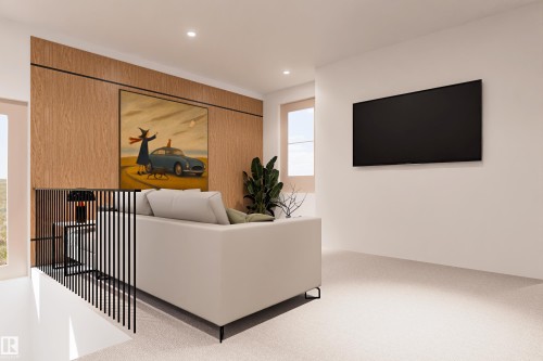 Recessed lighting, wood-panel accent wall, white walls, light-toned carpet, and a black metal railing - 9138 104 Street, Morinville, AB 