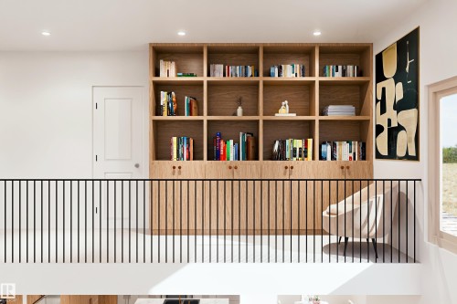 Built-in wood-finish shelving with integrated cabinetry, white walls, black vertical railing, and recessed lighting - 9138 104 Street, Morinville, AB 