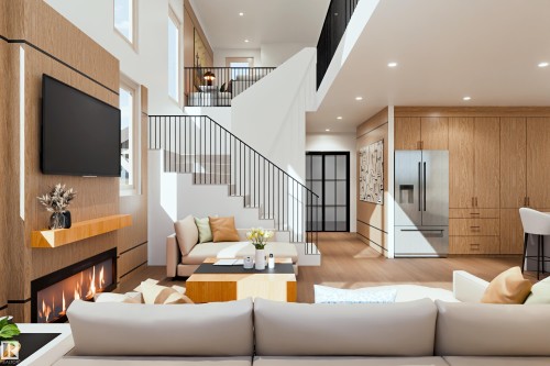 Wood-finish flooring throughout, featuring a fireplace with a wood-finish surround, an open staircase with black metal railings, recessed lighting, and integrated wood-finish cabinetry - 9138 104 Street, Morinville, AB 