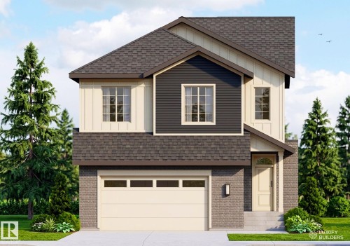 Modern colonial-style exterior featuring a multi-textured facade with dark brick, cream board and batten siding, and dark horizontal siding - 9142 104 Street, Morinville, AB 