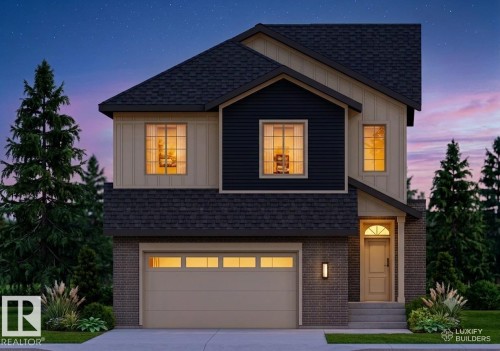 Modern two-story residence featuring a multi-tone exterior, attached garage, and a covered entryway - 9142 104 Street, Morinville, AB 