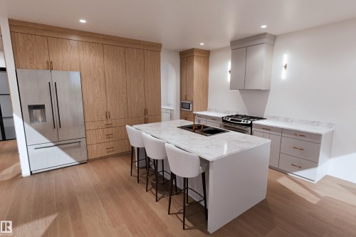 Integrated stainless steel refrigerator, extensive wood-finish cabinetry, central kitchen island with integrated sink, stainless steel range, and light-toned flooring - 9142 104 Street, Morinville, AB 