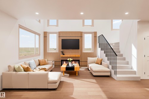 High ceilings with abundant natural light, wood-finish flooring, built-in fireplace, and a staircase with a metal railing - 9142 104 Street, Morinville, AB 