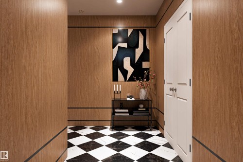 Wood-finish wall paneling with dark trim details - 9142 104 Street, Morinville, AB 