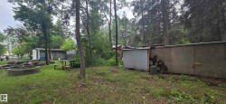 Lush, tree-lined property featuring a picnic table, a stone-edged planter, and a shed - 