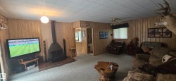 Spacious living area featuring wood-paneled walls, gray carpet, and a freestanding fireplace with a brick hearth - 