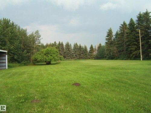 Spacious grassy area featuring a variety of mature trees and a metal-sided outbuilding - 163062 Twp Rd 565, Rural Lamont County, AB 