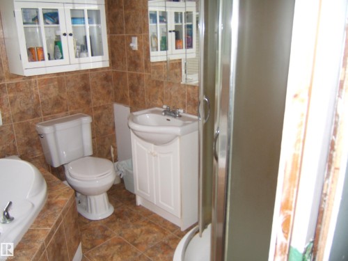 Bathroom featuring ceramic tile flooring, coordinating wall tiles, a corner shower enclosure, a vanity with an integrated sink, and an overhead mirrored medicine cabinet - 163062 Twp Rd 565, Rural Lamont County, AB 