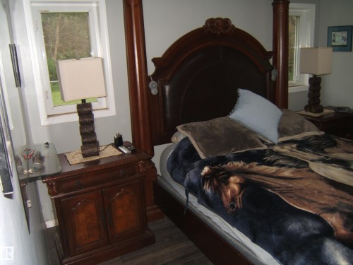Spacious room featuring a dark wood-finish four-poster bed frame with an upholstered headboard, two windows with white trim, and light gray wall paint - 163062 Twp Rd 565, Rural Lamont County, AB 