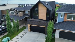 Contemporary black exterior featuring a wood-finish accent facade and large windows - 
