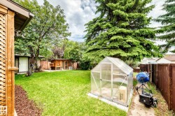 Expansive backyard featuring a lush lawn, a clear-paneled greenhouse, a wood-sided outbuilding, a wooden privacy fence, and mature trees - 