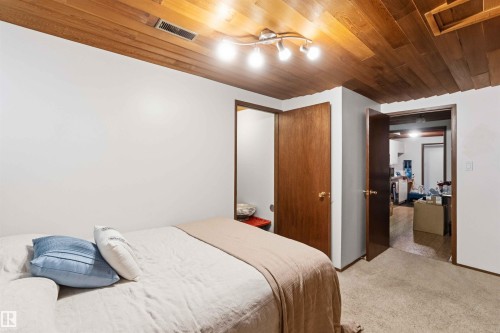 Wood-paneled ceiling with track lighting, neutral wall finishes, and wood-finish doors - 13121 122 Street, Edmonton, AB 