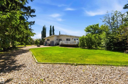 Expansive green lawn with a gravel border, featuring mature trees and a rear deck with a white railing - 13121 122 Street, Edmonton, AB 