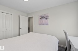 Neutral wall paint and dark carpet flooring establish a clean aesthetic - 