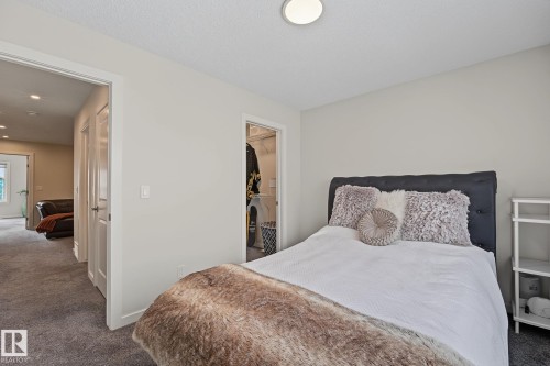 Bedroom with light grey wall paint and grey carpet flooring - 432 Roberts Crescent, Leduc, AB 