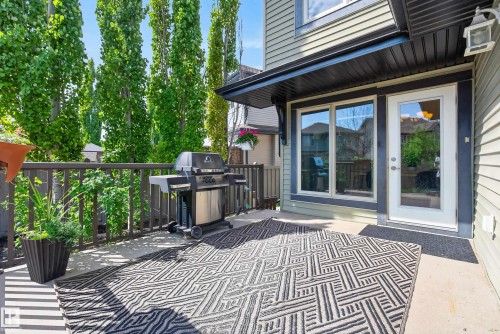 Spacious outdoor patio featuring a privacy railing, an exterior door with multiple glass panes, and an overhead lighting fixture - 2696 Anderson Crescent, Edmonton, AB - Outdoor With Deck Patio Veranda With Exterior