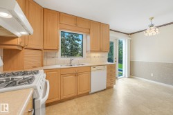 Kitchen featuring natural wood-finish cabinetry, a window overlooking greenery, integrated double basin sink, and a white dishwasher - 