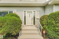 Entryway featuring a paneled door with decorative glass sidelights, light gray siding, concrete steps, and a white metal handrail - 