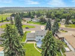 Expansive backyard featuring a manicured lawn, mature evergreen trees, and a multi-level wooden deck - 