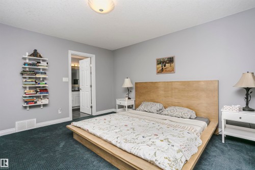 Bedroom featuring light gray walls, plush dark blue carpeting, white baseboards, and a white ceiling with a flush-mount light fixture - 11619 125 Street, Edmonton, AB 