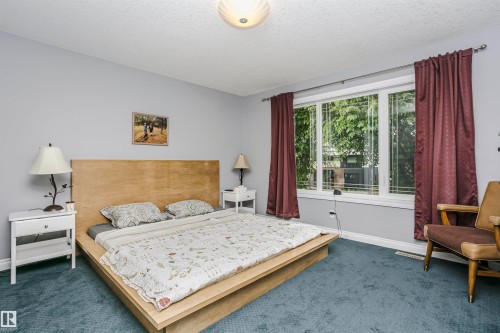 Bright interior space featuring a large multi-pane window, light blue wall paint, a built-in flush mount ceiling light, and blue carpet flooring - 11619 125 Street, Edmonton, AB 