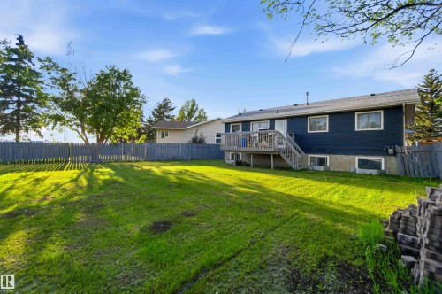 Expansive grassy backyard featuring a full perimeter fence, mature trees, and a multi-level wood deck with stairs - 8819 29 Avenue, Edmonton, AB 