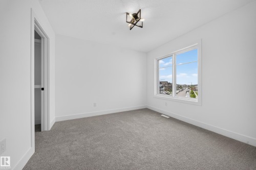 Bright room featuring a double window, modern ceiling light fixture, white walls, and gray carpet flooring - 803 30 Avenue, Edmonton, AB 