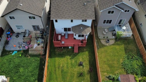 Private backyard featuring a red wood-finish deck with multiple levels and an octagonal extension, a manicured lawn, and a wooden privacy fence - 1216 37C Avenue Nw, Edmonton, AB - Outdoor