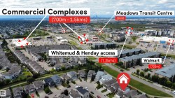 Aerial perspective highlighting proximity to commercial complexes, Meadows Transit Centre, and Walmart - 