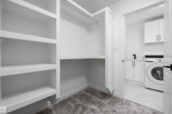 Custom built-in white shelving and hanging rod with grey carpet flooring - 