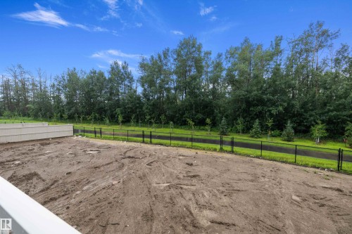 Spacious backyard with a dirt surface, bordered by a black metal fence - 917 Elderberry Landing, Edmonton, AB 