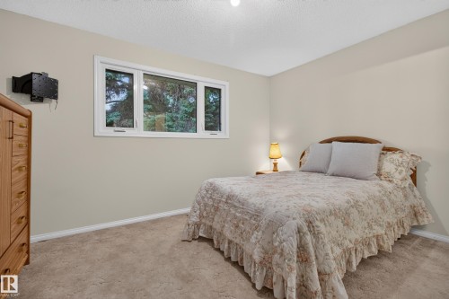 Neutral-toned room featuring a large window with white trim, light-colored walls, and textured carpeting - 17603 85 Avenue Nw, Edmonton, AB 