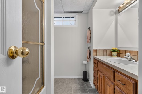Bathroom vanity featuring wood-finish cabinetry, a light-toned countertop, and an integrated sink - 17603 85 Avenue Nw, Edmonton, AB 