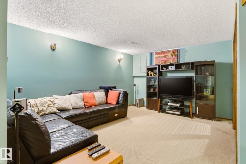 Carpeted recreation room with light blue walls and a textured ceiling - 59 Patterson Crescent, St. Albert, AB - Indoor