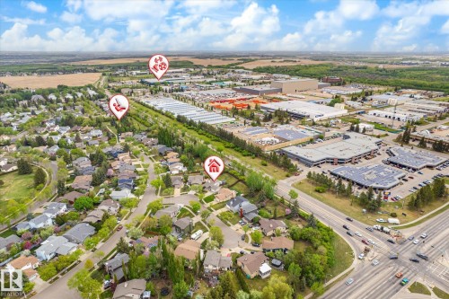 Aerial overview showcasing a residential neighborhood with established homes and mature trees - 59 Patterson Crescent, St. Albert, AB - Outdoor With View