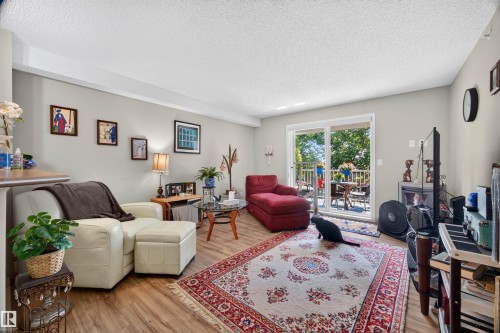 Spacious living area featuring wood-finish flooring, light neutral wall tones, and crown molding - 414 11214 80 Street, Edmonton, AB 