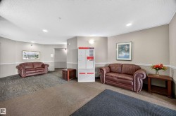 Lobby area featuring neutral wall paint, white crown molding, and a textured carpet with varied patterns - 