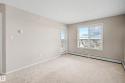 Spacious interior featuring neutral wall tones, textured carpet flooring, and a large window with horizontal blinds - 