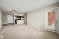 Open-concept living space with carpeted flooring, a ceiling fan, and a door to exterior - 
