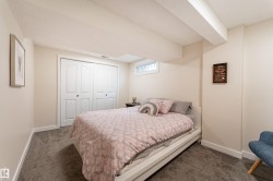 Carpeted room featuring a double bi-fold closet, a white baseboard trim, and a high horizontal window - 