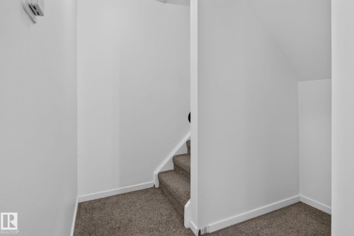 Staircase with carpeted treads and white risers, featuring a built-in architectural niche under the stairs - 401 2908 116A Avenue, Edmonton, AB 